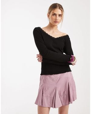 Miss Selfridge Long Sleeve V-neck Top With Lace Neckline - Black