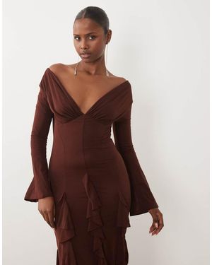 ASOS Stretch Chiffon Off The Shoulder Long Sleeve Maxi Dress With Godets - Brown