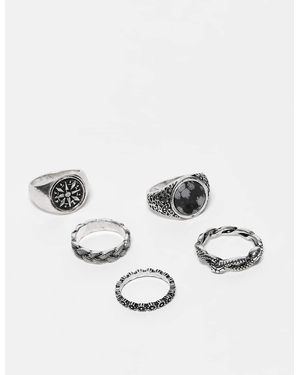 ASOS Set Van 5 Ringen Met Zwarte Steen En Textuurdesigns - Wit