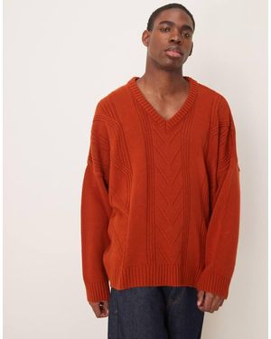 ASOS Jersey Tostado Ultragrande Con Cuello De Pico Y Detalle De Pespuntes De Punto De - Naranja