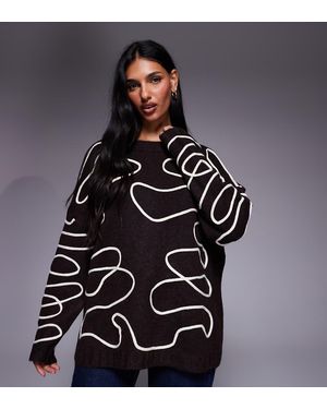 Kaiia Jersey Color Chocolate Con Cuello Redondo Y Patrón Abstracto De Cordones Exclusivo De - Negro