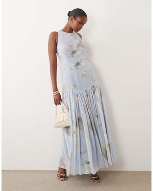 LACE & BEADS Chiffon Sleeveless Drop Waist Full Skirt Maxi Dress - White