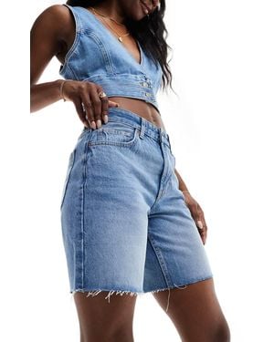 Bershka High Waisted Raw Hem Longline Denim Shorts - Blue