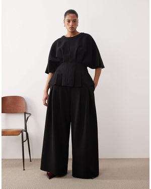 ARRANGE Curve Pleat Waist Tailored Wide Leg Pants - Black
