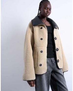 TOPSHOP Shearling Oversized Reversible Coat With Button Loop - Natural