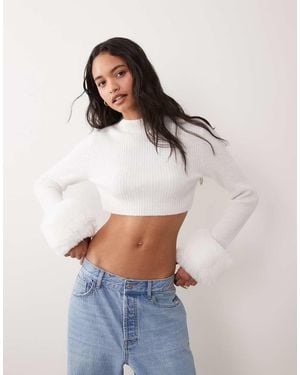Miss Selfridge Crew Neck Knitted Jumper With Fur Collar And Cuff - White