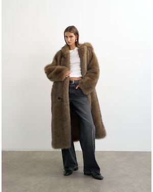 TOPSHOP Faux-fur longline-mantel mit knebelverschluss - Braun