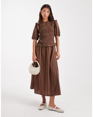 Wednesday's Girl Stripe Puff Sleeve Shirred Midaxi Dress - Brown