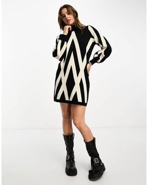Object Vestido Estilo Jersey Con Cuello Alto Y Estampado Monocromático De Punto De - Negro