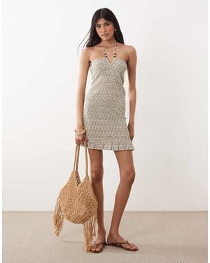 Mango Teen Beaded Neck Ruched Mini Dress - Natural