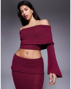Wanderdoll Exclusive Yasmin Bardot Boucle Knit Dramatic Foldover Fla Sleeve Top Co-ord - Red