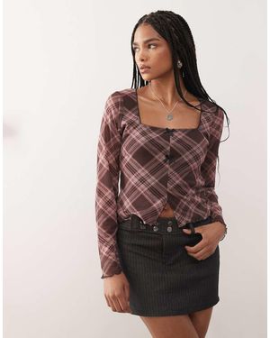 Reclaimed Vintage Square Neck Split Front Long Sleeve Mesh Top - Brown
