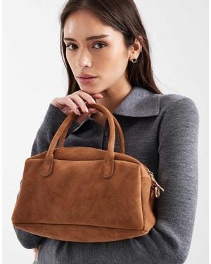 PASQ Small Suede Bowling Bag With Crossbody Strap - Brown