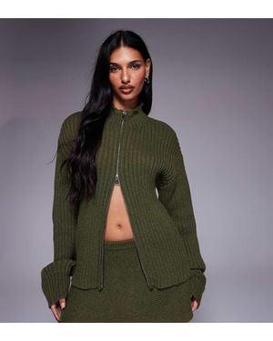 Kaiia Exclusive Double Zip Through Ribbed Knit Jumper Co-ord - Green