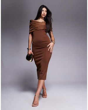 ASOS Bardot Manipulated Taffeta Bodice Detail Midi Dress - Purple