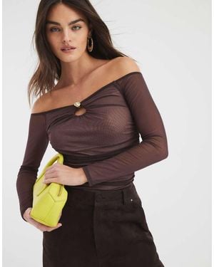 River Island Long Sleeve Mesh Bardot Top - Brown