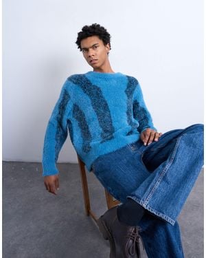 TOPMAN Relaxed Fit Fluffy Knitted Jumper With Stripe Design - Blue