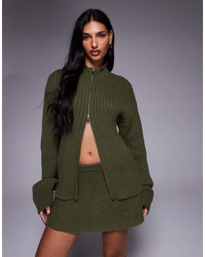 Kaiia Exclusive Double Zip Through Ribbed Knit Sweater Co-ord - Green