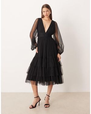 LACE & BEADS Bridesmaid Madison Deep V-sheer Bell Sleeve Tulle Midi Dress - Black