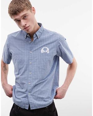 No Problemo Camisa Azul A Cuadros Pequeños Con Logo De Alienígena De 100% Algodón De