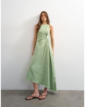 TOPSHOP Cotton Twill Racer Neck Maxi Dress With Tuck Side Detail - Green