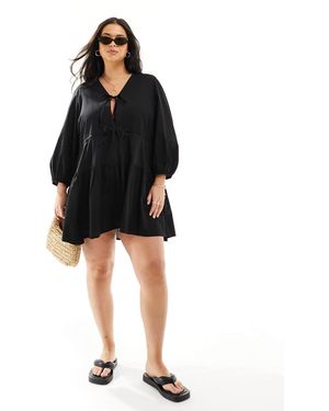 Esmee Curve Exclusive Tie Front Tiered Mini Beach Dress - Black