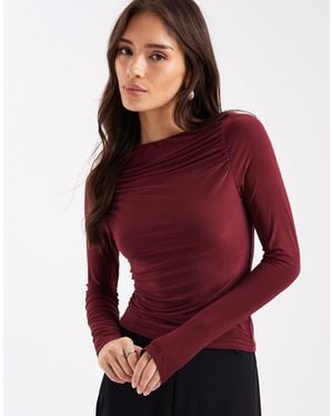 ASOS Slinky Long Sleeve Top With Ruched Boat Neck - Red