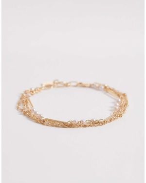 ASOS Asos Design Curve Multi-row Chain Bracelet With Faux-pearl Details - Natural