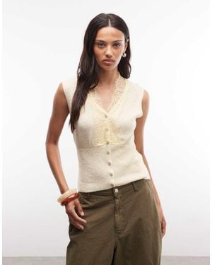 Reclaimed Vintage Knitted Lace Trim Button Through Top - Natural