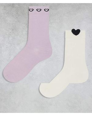 Monki Pack De 2 Pares De Calcetines De Color Blanco Hueso Y Rosa De Caña Alta Con Detalle De Corazones De - Multicolor