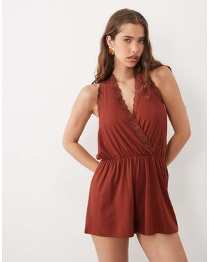 Miss Selfridge Wrap Playsuit With Scallop Lace Trim - Red