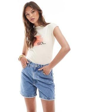 ASOS Denim Dad Short With Tapestry Floral Trim - Blue