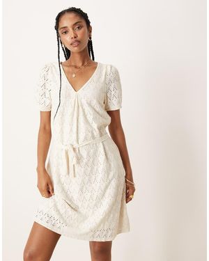 Vila Jurk Van Jersey Met Broderie, Gestrikte Taille En Pofmouwen - Naturel