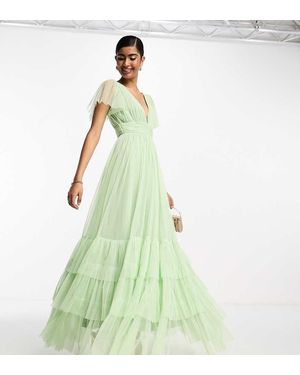 LACE & BEADS Bridesmaid Madison V Neck Tulle Maxi Dress - Green