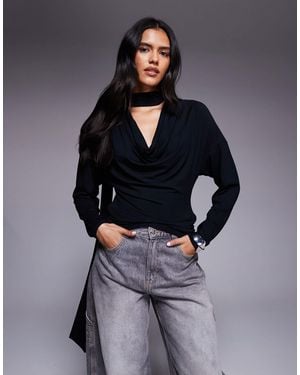 ASOS Cowl Neck Batwing Top With Scarf Detail - Gray
