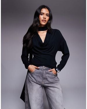 ASOS Cowl Neck Batwing Top With Scarf Detail - Gray