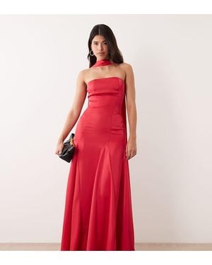 Kaiia Exclusive Satin Scarf Detail Bandeau Godet Hem Maxi Dress - Red