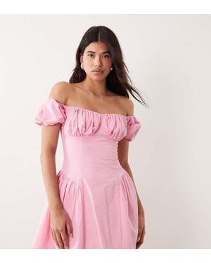 Kaiia Exclusive Cotton Milkmaid Puff Sleeve Hip Pleat Detail Mini Dress - Pink