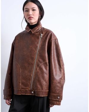 TOPSHOP Blouson style motard en similicuir à col cheminée - marron délavé