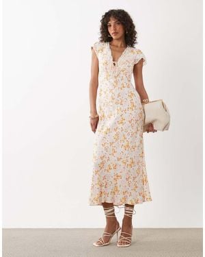 Nobody's Child Alda V-neck Short Sleeve Lace Trim Midi Dress - Natural