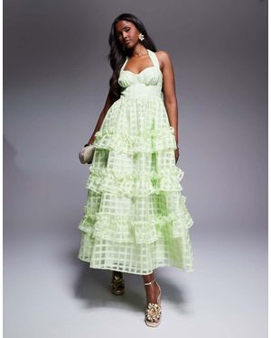 ASOS Textured Organza Check Halter Maxi Dress - Green