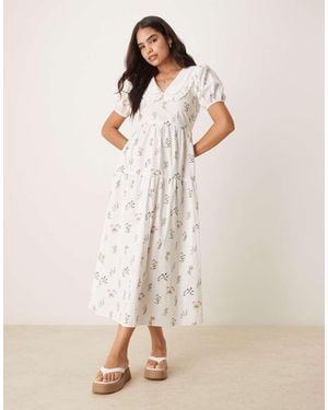 Neon Rose Vestito Midi Stile Prairie Con Colletto - Neutro