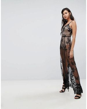 Naanaa Doorzichtige Bodysuit-maxi-jurk Met Lovertjes En Kant - Zwart