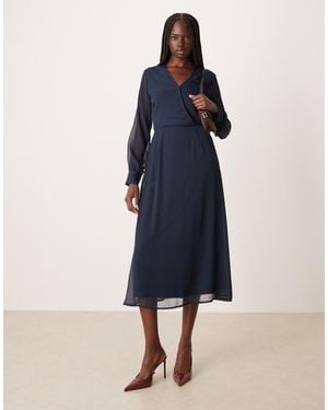 Vila Long Sleeve V-Neck Midi Dress - Blue