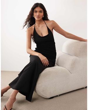 Gina Tricot Halterneck Asymmetric Textured Maxi Dress With Open Back - Black