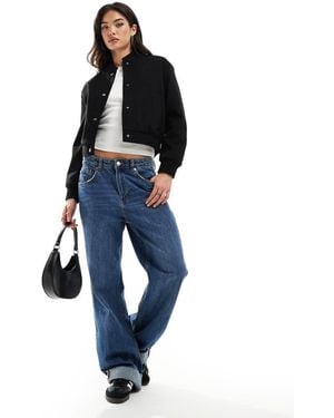 New Look Knitted Cropped Bomber Jacket - Blue