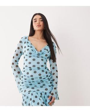 Kaiia Exclusive Mesh Overlay Long Sleeve Cowl Neck Asymmetrical Hem Mini Dress - Blue