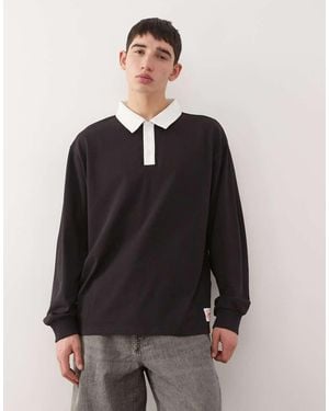 Collusion Camiseta Negra Estilo Rugby De Manga Larga Con Cuello Tipo Polo De - Negro