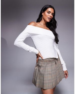 Princess Polly Ribbed Knit Bardot Long Sleeve Asymmetric Hem Top - Grey