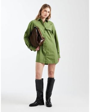 ASOS Long Sleeve Mini Shirt Dress With Front Pockets - Green